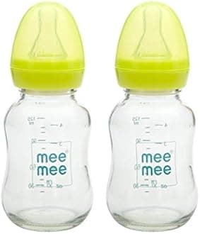 Mee Mee Anti-Colic Slim/Regular Neck Essential Premium Glass Feeding Bottle for Baby/New Born/Infants/Toddler, Green (120 ml, Pack of 2)