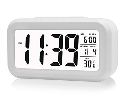 Myhonour Automatic Night Glow Smart Light-activated Sensor Bedside Digital Snooze Alarm Clock with Date and Temperature Display (White)