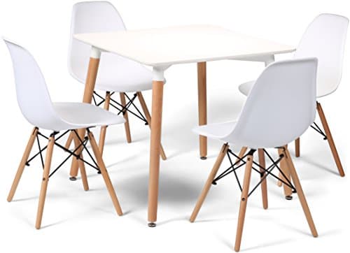 White Eiffel Designer Dining Set 4 Chairs And 80cms Small Square Table With Natural Wood Legs Art Deco Style Your Price Furniture Brand