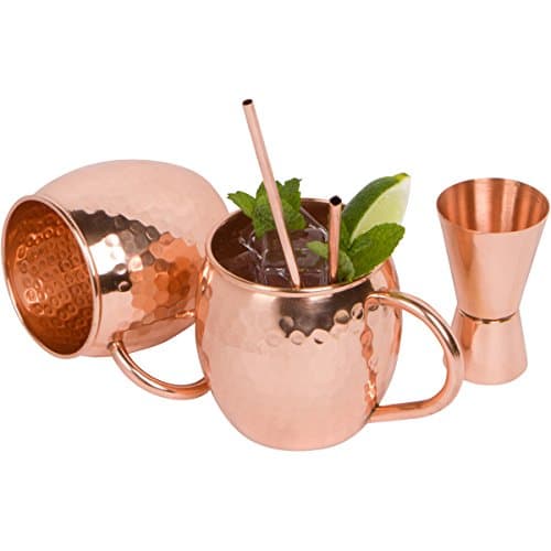 RedStar Barware 100% Solid Hammered Copper Moscow Mule Mugs (Set of 2), 16 oz, with Doublejigger ~ Pure, Thick Gauge Copper With No Lining, for Authentic Taste ~ Makes a Great Gift, by Red Star Barware.