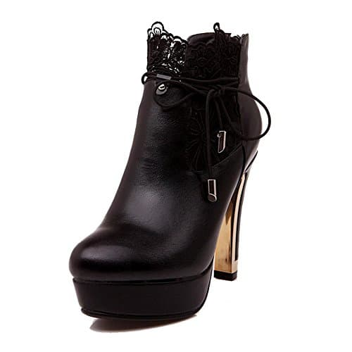 Odomolor Women's Blend Materials Solid Zipper Round Closed Toe High Heels Boots, Black, 39