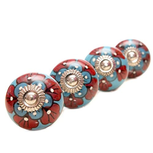 Pretty POPPY Flower CERAMIC Door Knobs / Drawer Pulls from INDIA. SET of 4. (REK160026)