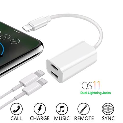 Dual Lightning Adapter for iPhone 7/7 Plus, iPhone 8/8 Plus, iPhone X, Assrid 2 in 1 iPhone 8 Adapter Splitter Cable Audio &amp; Charge Port Converter support for Music, Charge and Call(Support iOS 11)