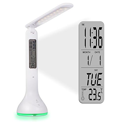LED Desk Lamp Touch Control Dimmable Bedside &amp; Table Lamp with Calendar/ Alarm Clock/ Temperature 3 Level Brightness Eye-Care Touch Light for Reading with USB Charging Port