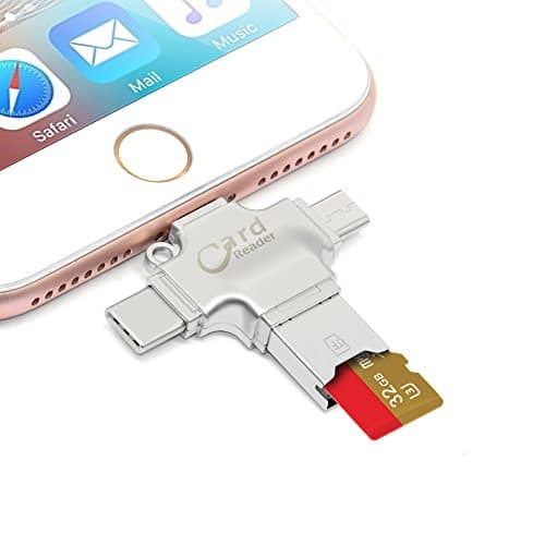 SD Card Reader 4 in 1,Cymall Micro SD Card Reader with Camera Lightning/USB/Micro USB/Type-C Connector for iPhone iPad Mac PC Android Macbook (4in1 Card Reader)