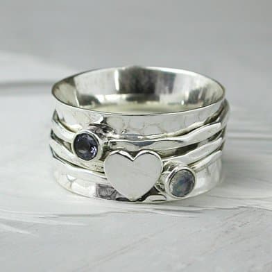 925 Solid Sterling Silver Spinning Ring..Moonstone Iolite &amp; Heart Thumb/Finger Worry Spinner Ring..