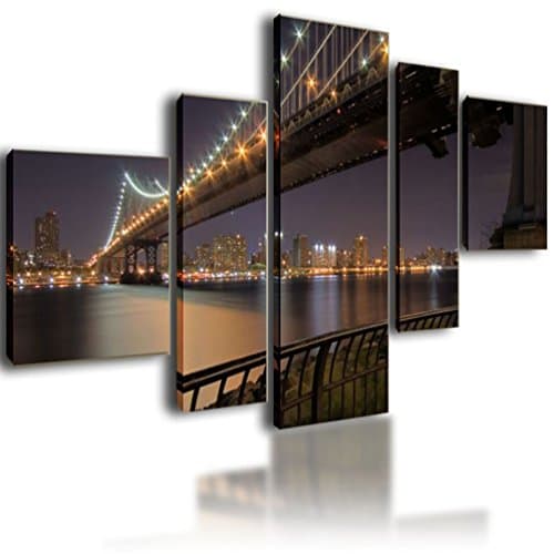 XL Parted Canvas Picture Wall Art Split Multi Panel Framed Modular Living Room - 5 panel Bridge Over The River By Night 130cm x 70cm 2948