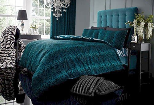 TEAL LEOPARD PRINT DOUBLE BUMPER BED PACK - INCLUDES DOUBLE DUVET SET SHEET &amp; CURTAINS