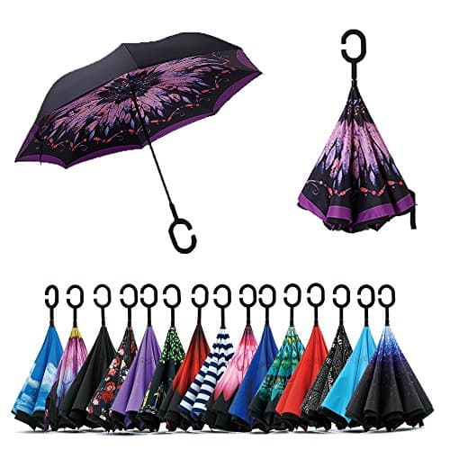 Jooayou Double Layer Inverted Umbrella, C Shape Handle Reverse Folding Umbrella, Anti-UV Windproof Travel Umbrella with Carrying Bag (Feather)