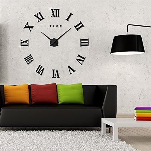 Excelvan Modern Frameless 3D Wall Clock Large DIY 3D Wall Clock Sticker for Living Room Mute Roman Numerals Decoration Craft(Black)
