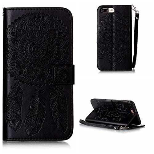 CUSKING iPhone 7 Plus iPhone 8 Plus Case, Flip Folio Notebook Style Wallet Leather Case Embossed Dream Catcher and Flower Pattern Protective Bumper Case Back Cover with Card Holder for Apple iPhone 7 Plus / 8 Plus - Black
