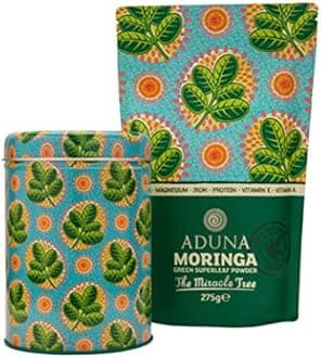 Aduna Organic Moringa Powder | 100% Pure Moringa Leaf for Energy & Immune Support | Natural Vegan Source of Iron, Calcium & Protein | Superfood Powder for Smoothies, Soups, & More | 275g + Storage Tin