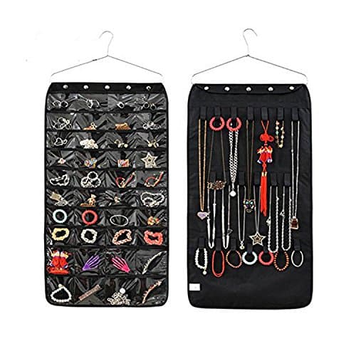 TABB 40 Pockets&amp; 18 Hook-and-Loop Tabs Hanging Jewelry Organizer Display Earring Rings Bracelets Storage Bags Hanger (Black)