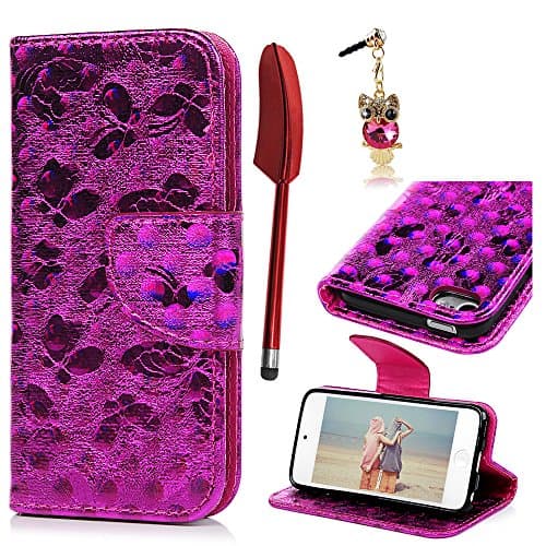 iPod Touch 5 6 Case,Wallet Case 3D Chameleon Effect Special Unique Design Credit Card Slots Wrist Strap Flip Protective Cover for iPod Touch 5 /Touch 6 - Rose red