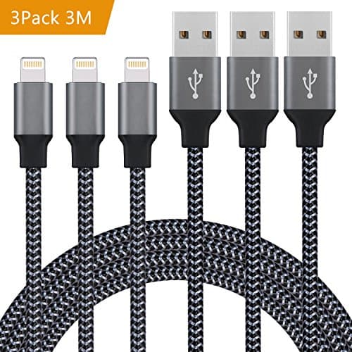 Lightning Cable, iPhone Charger Cable Eashion 3M 3 Pack Nylon Braided iPhone Cable for iPhone X/ 8/ 7/ 7Plus 6/ 6s / 6 Plus/ 5/ 5c/ 5s SE iPad Air 3/ iPad Pro ( Black-grey )