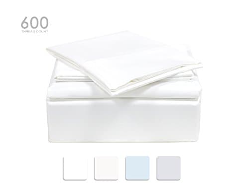 TRANQUIL NIGHTS - 600 Thread Count 100% Cotton Bed Sheet Set, 4-Piece White Full Size Sheets, Soft & Silky Sateen Weave Luxury Bedding, Deep Pocket Sheets to Fit Upto 17" Mattress