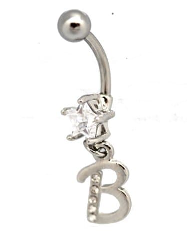 Initial B Charm Belly Ring Star Diamond Studded Letter B Bananabell (14 G)