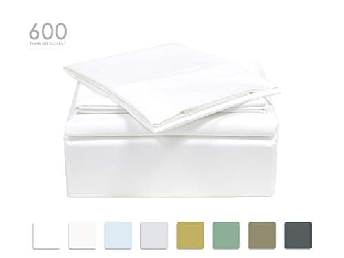 TRANQUIL NIGHTS - 600 Thread Count 100% Cotton Bed Sheet Set, 4-Piece White King Size Sheets, Soft & Silky Sateen Weave Luxury Bedding, Deep Pocket Sheets to Fit Upto 17" Mattress
