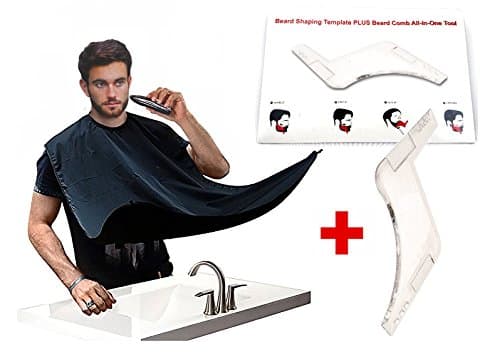 Beard Bib with Fine Beard Shaper, Beard Apron Kit Beard Catcher Cape for Easy Clean and shaving Without the Mess. Professional Premium Salon Quality Material, Water Repellent and Static-Free, Black