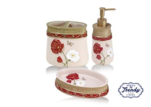 Designer 3-Piece Ceramic Bath Accessory Set | Includes Liquid Soap or Lotion Dispenser w/ Toothbrush Holder and Soap Dish | Poppy Field 3 Piece Bathroom Accessory Set
