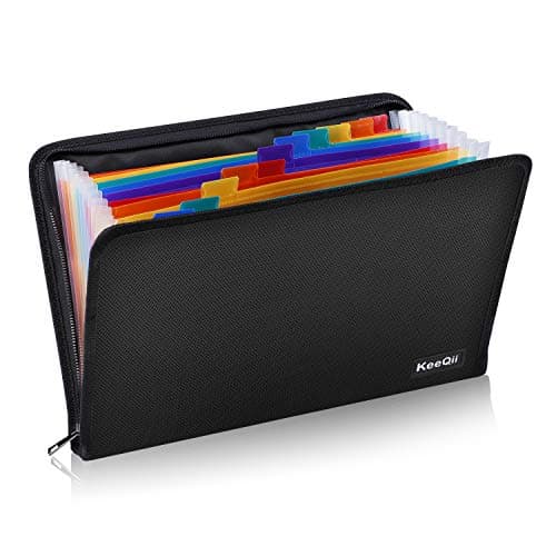 KeeQii Document Organizer , Multicolor 13 Pockets Expanding File Folder ,Fireproof Zippered Accordian File Organizer with Colored Tab for Office/School, Zipper Closure, A4 Letter Size (14.2 x 10.2）