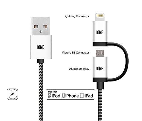 IONE 2 In 1 Android Micro USB / Apple IOS Lightning 8pin with USB / Micro USB OTG Braided Charging Data Cable. Turn Your Phone Into A Power Bank. For Apple ios &amp; Android Device WHITEBLACK