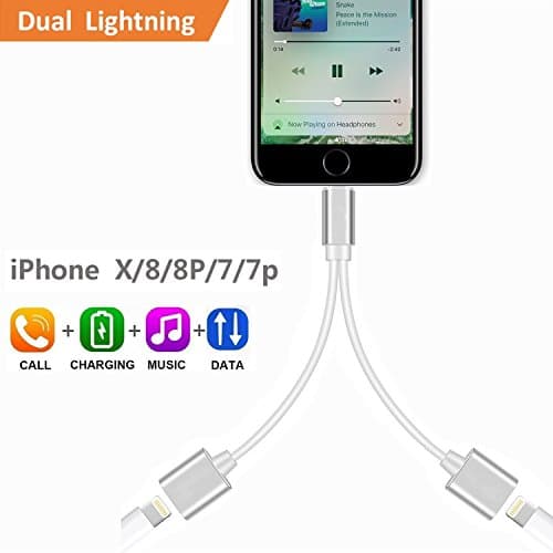 iPhone 7 / 7 Plus / 8 / X Adapter &amp; Splitter, Seiyato Dual Lightning Headphone Jack adapter Audio and Charge Splitter for iPhone X / 8 / 8 Plus / 7 / 7 Plus.(Support Music and calling function)-Silver