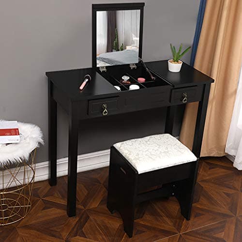 Vanity Table with Flip Top Mirror Makeup Dressing Table Writing Desk with Cushioning Makeup Stool Set, 2 Drawers 3 Removable Organizers Easy Assembly by Ketteb (35.4" L x 15.8" W x 29.5" H, Black)