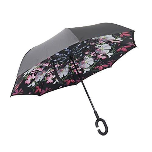 Yeipis Inverted Umbrella Double Layer Reverse Folding Windproof Protection Sun&amp;Rain Car Umbrella (Colorful flower)