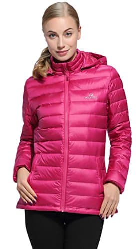 MOUNTEC Women's Premium Goose Down Jacket Packable Lightweight Down Coat-Warm With Detachable Hood
