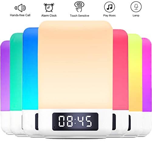 Bluetooth Speaker 5 in 1 Night Light, Touch Sensor Bedside Lamp Warm Light and 7 Color Changing Alarm Clock, MP3 Player, Best Gift for Kids, Party, Bedroom, Outdoor (Round)
