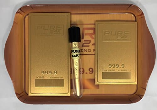 Bundle - 4 Items: Pure 24k™ Gold Rolling Papers 1 Pack 1/4 2 Sheets, 1 Pack King 2 Sheets, King Size Cone, Rolling Tray