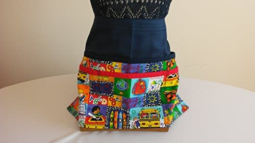 ADJUSTABLE NO TIE APRON - School Pattern / 6 Lined Pockets Waist Apron with Pen Pocket / Red, yellow and blue multi colors / One size fits most / The Perfect Teacher's Gift