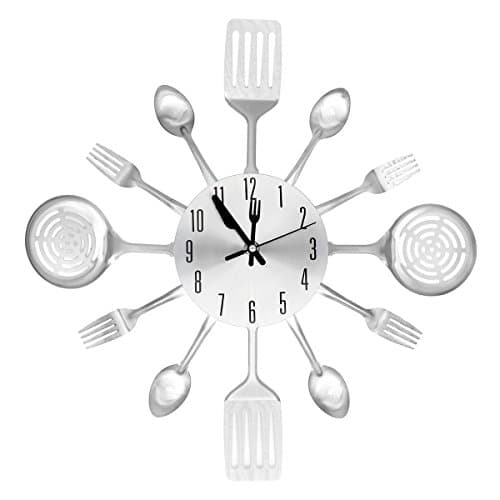 [2017 Version] EasyHoKi Large Kitchen Metal Wall Clock (16 in) with Non-ticking Design, Indoor/Outdoor (Silver)