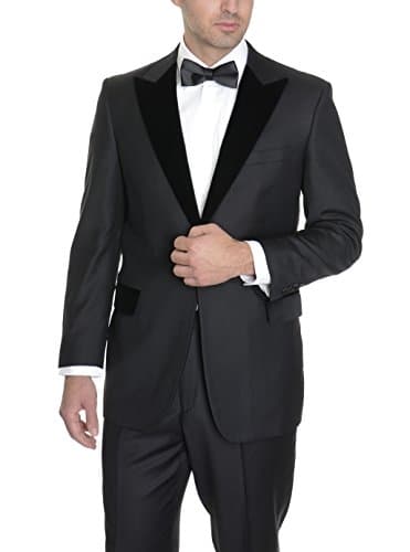 Modern Fit Solid Black One ButtonWool Blend Tuxedo Suit With Peak Lapels