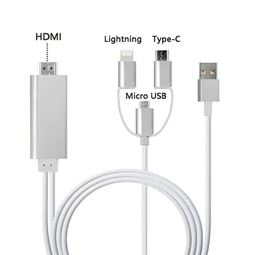 Lighting/ Type-C/ Micro USB to HDMI Cable, Mirroring Cellphone Screen to TV/Projector/Monitor Adapter Cable with 1080P Resolution for IOS and Android devices (Luxury silver)