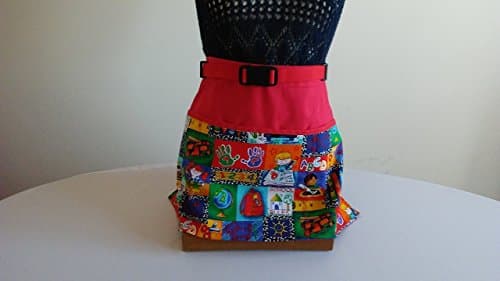ADJUSTABLE NO TIE APRON - School Pattern / 3 Lined Pockets Waist Apron / Red binding on top of pockets / One size fits most / The Perfect Teacher's Gift
