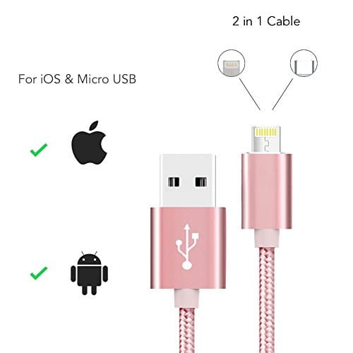 2IN1 Nylon Braided High Speed Data Sync Charing and Sync USB Cable for iOS &amp; Android iPhone/Samsung/HTC/Nokia/Blackberry/Sony (Rose Gold)