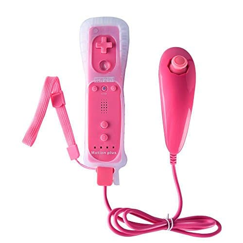 Doklos Built in Motion Plus Remote and Nunchuck Controller with Silicone Case and Wrist Strap Case for Wii U (NON-OEM) (Pink)