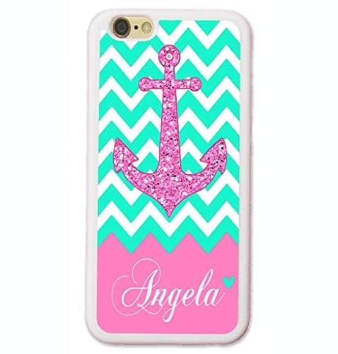 iPhone XS Max Case, iPhone 10S Max Case, ArtsyCase Mint White Chevron Pink Anchor Monogram Personalized Name Phone Case for iPhone XS Max and iPhone 10S Max (White)