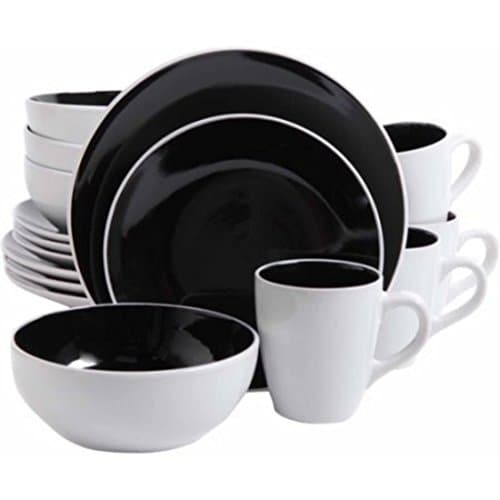 Smooth Black &amp; White Glossy Rounded Ceramic Dinnerware Set, 16Pcs