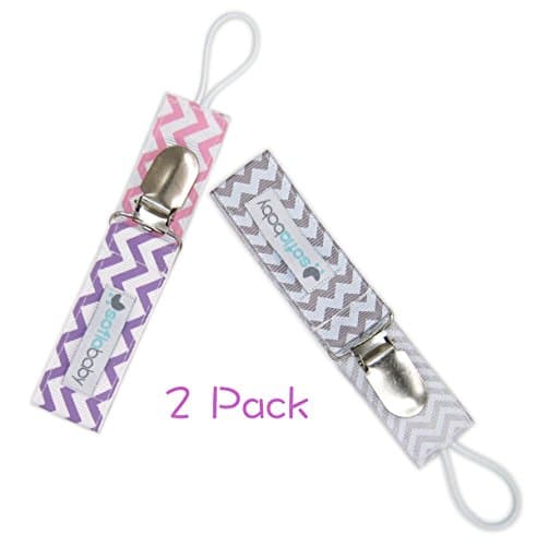 Pacifier Clip with Plastic Teeth - 2 Pack - Trendy 2-Sided Design, Elastic Loop, Durable Ribbon, Great Teething Ring Soothie Pacifiers Teether Holder for Girls, Unique Baby Shower Gift