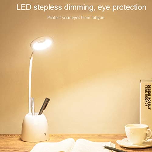 Inspiring Tech LED Desk Lamp for Study, White Dimmable Table Lamp with Pen Holder or Phone Stand, Eye-Caring Table Lamp.