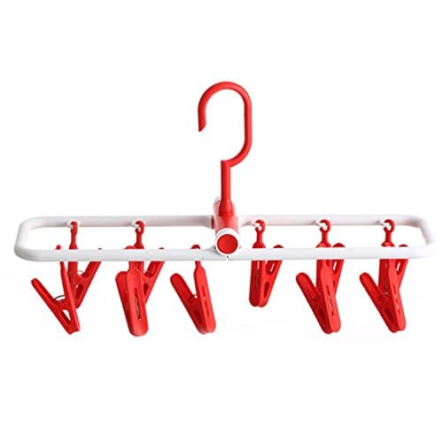 Foldable Plastic Clip Hanger 10 Multifunction Windproof Underwear Socks Drying Wing Type Racks (Red)