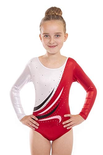 Direct Dancer Deluxe 'Eve' Metallic Ruby Red and White with Wave encrusted Diamante detail Sleeved Gymnastic Leotard