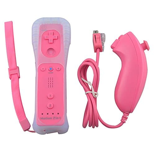 Built-in Motion Plus Remote &amp; Nunchuck Controller For Wii + Silicone Case + Wrist Strap for Nintendo Wii/Wii U-MEGIA (Rose Red)