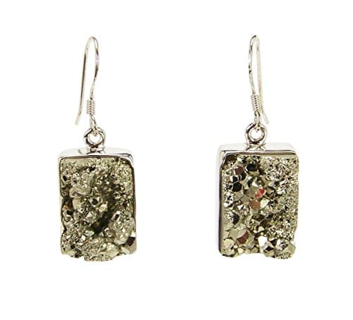 India Gems Dangle Earrings with Rectangular Metallic Pyrite Drops in Silver