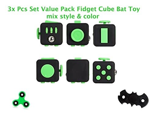 (3x Value Pack Fidget Cube + Tri-Spinner + Bat Spinner) Fidget Toy Hand Finger Hybrid Ceramic Bearing Spinner-helps Desk Focus, ADD, ADHD, Stress Relief-Random Mix Colors