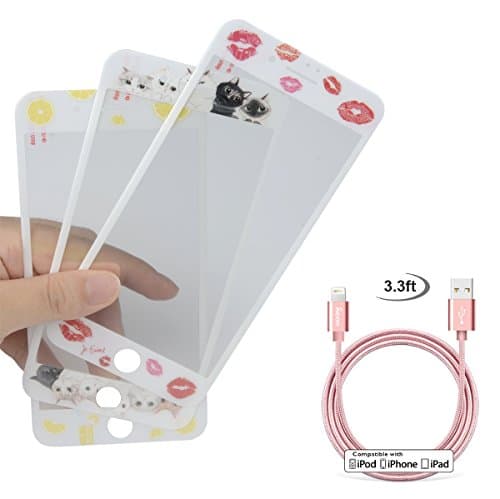 [2-Pack] WOOO 3D Embossing Tempered Glass Screen Protector Soft Edge-to-Edge Full Coverage with iPhone Cable for iPhone7 Plus(Lips + Lemon + 3.3ft cable)