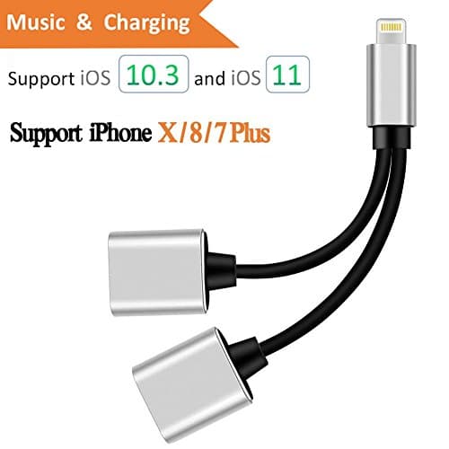 Dual Lightning Adapter for iPhone 8/8 Plus, iPhone X, iPhone 7/7 Plus, Jackiey Lightning to Double Lightning Audio + Charge Splitter for iOS 11